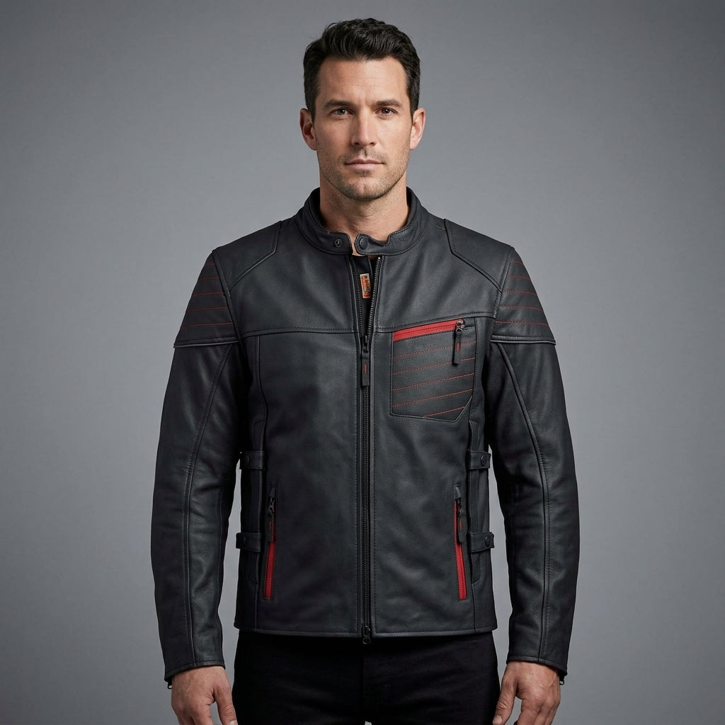 Men’s Matte Black Leather Biker Jacket – Red Stitch Harley Moto Style