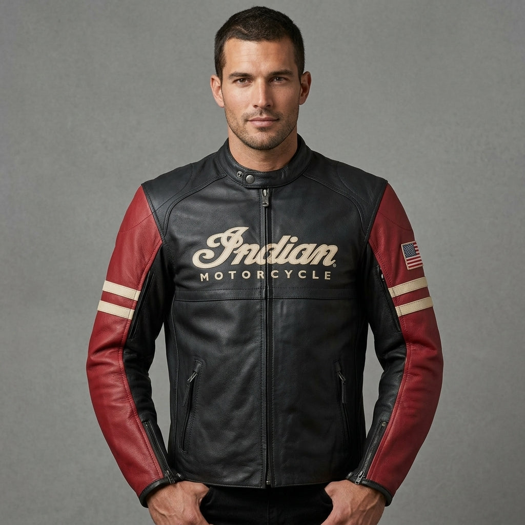 Men’s Vintage Indian-Style Leather Racing Jacket – Red & Black Moto Style