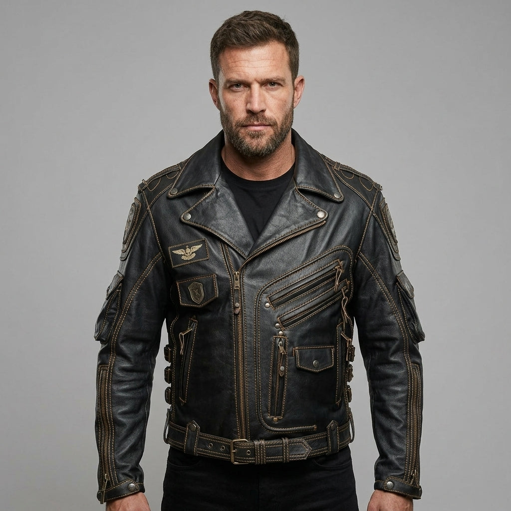 Men’s Indian-Style Leather Racing Jacket – Red & Black Moto Bomber