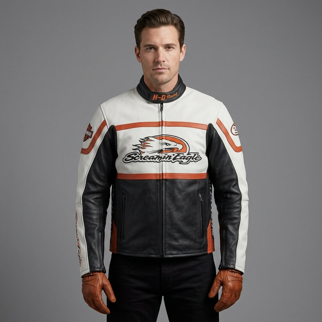 Men’s Limited Edition Leather Racing Jacket – Contrast Panel Moto Style