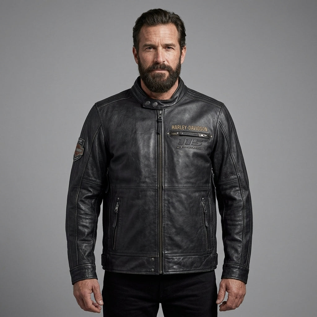 Men’s Vintage Harley-Style Leather Moto Jacket – Anniversary Graphic Edition