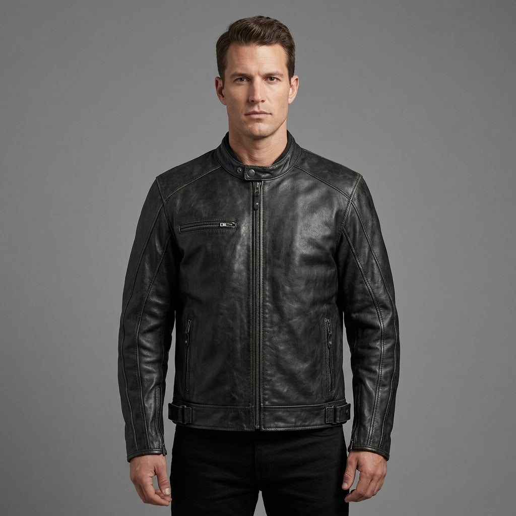 Men’s Skull Distressed Leather Biker Jacket – Harley-Style Moto