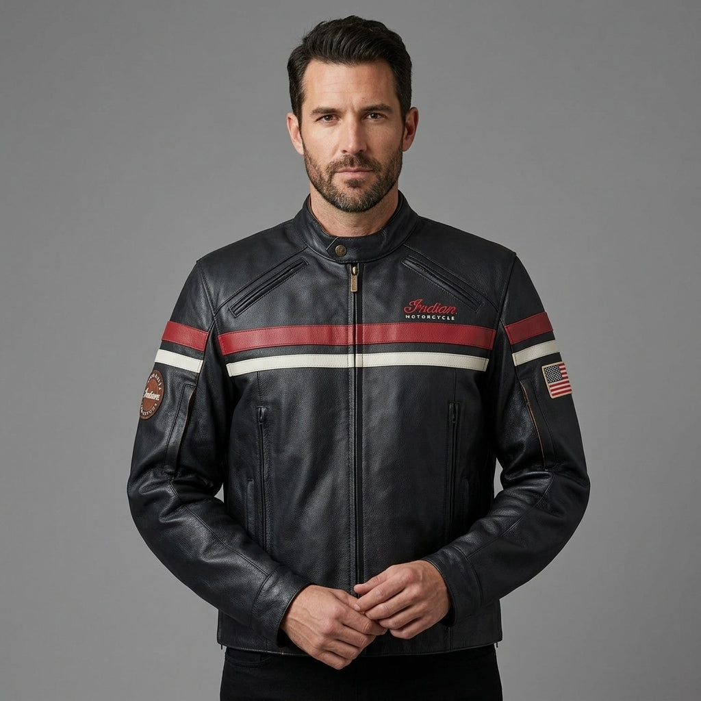 Men’s Indian Motorcycle Style Vintage Leather Biker Jacket – Embroidered Script Logo