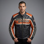 Men’s Harley-Style Leather Racing Jacket – Iconic Orange & Black Tricolor Moto