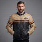 Men’s Harley-Style Leather Moto Jacket – Cream & Black Heritage Edition