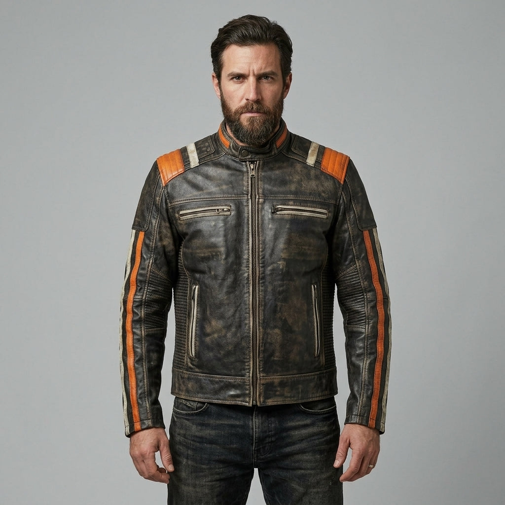 Men’s Retro Stripe Leather Riding Jacket – Limited Edition Moto Style