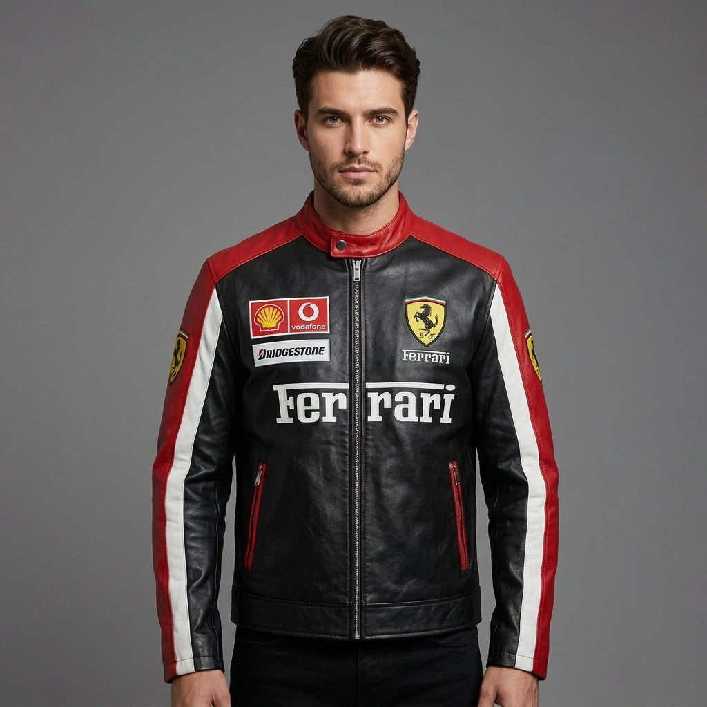Men’s Black & Grey Leather Moto Jacket – Racing Style Genuine Leather