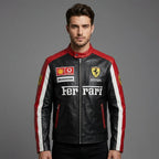 Men’s Black & Grey Leather Moto Jacket – Racing Style Genuine Leather
