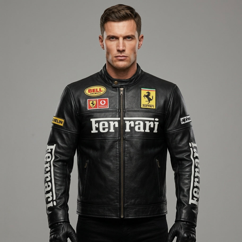Men’s Leather Racing Jacket – Embroidered Chest Script Edition