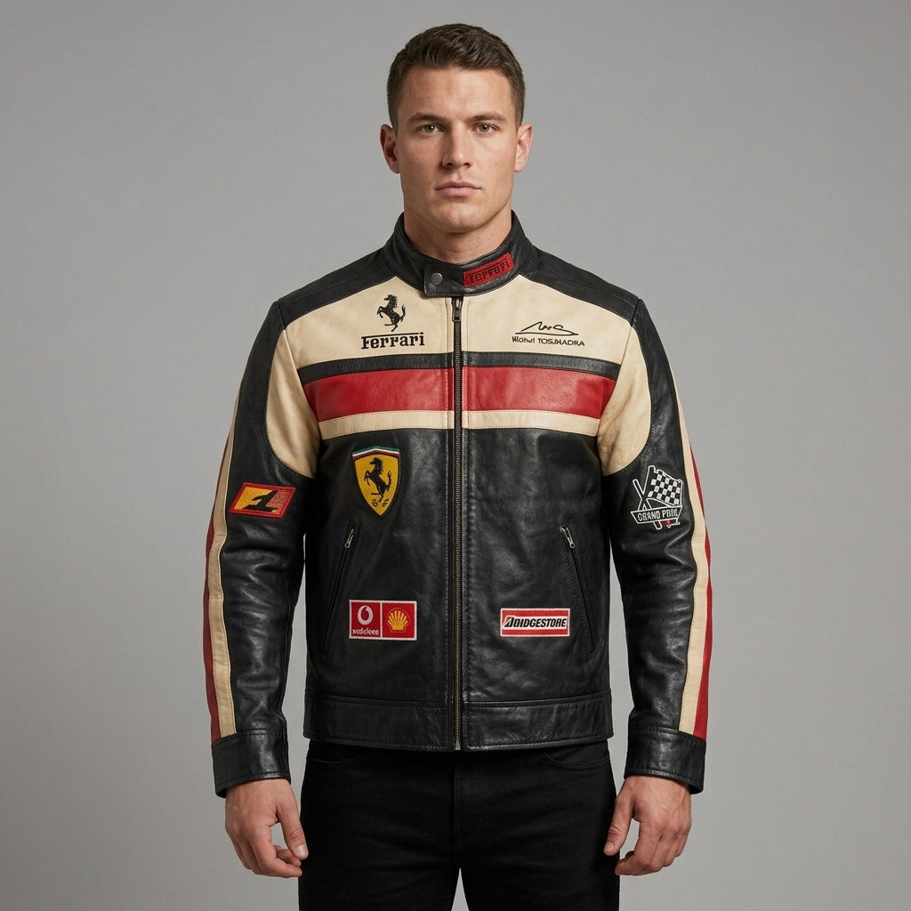 Men’s Black Leather Moto Jacket – Orange & Grey Accent Racing Style