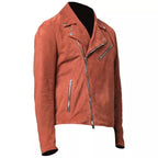 Mens Orange Suede Moto Asymmetrical Collar Jacket