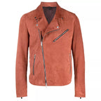 Mens Orange Suede Moto Asymmetrical Collar Jacket