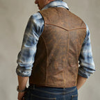 Men's Distressed Brown Western Cowboy Leather Vest | Outlaw Frontier Biker Waistcoat