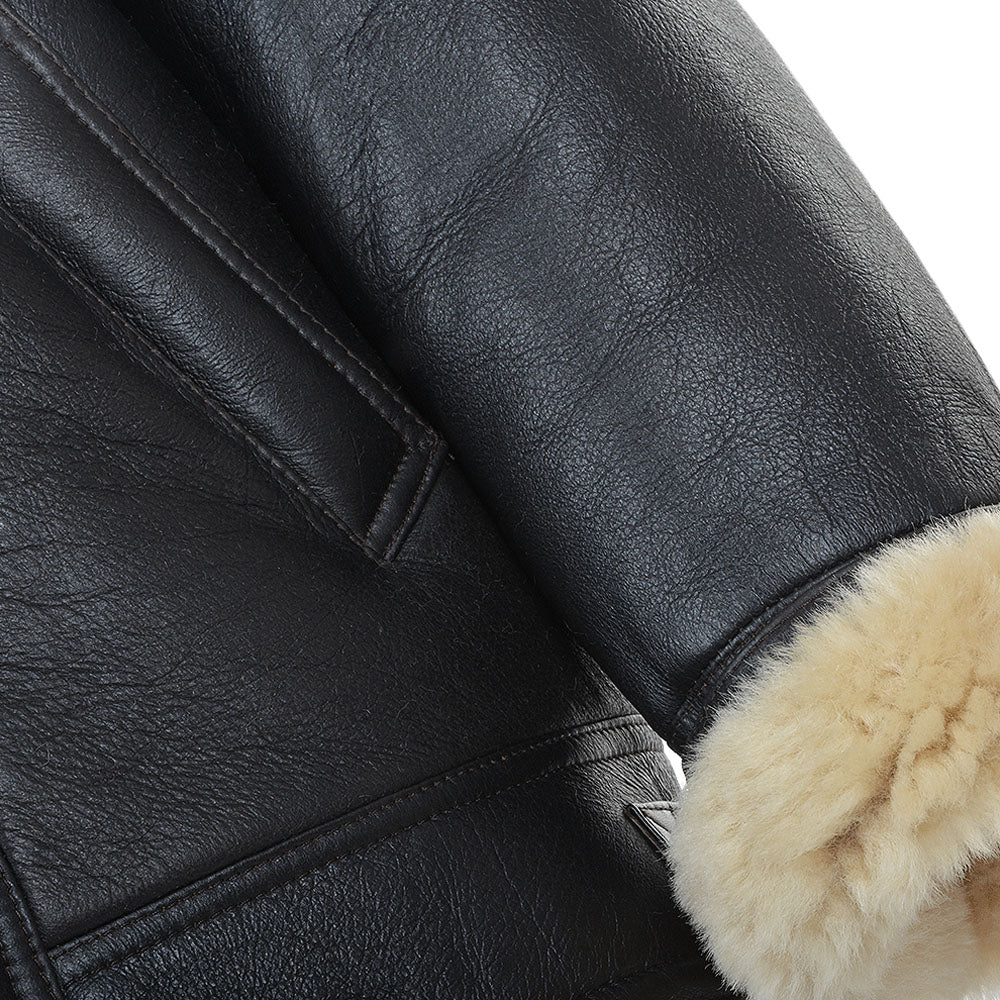 Men's Black Asymmetrical Shearling Biker Jacket with Beige Wool