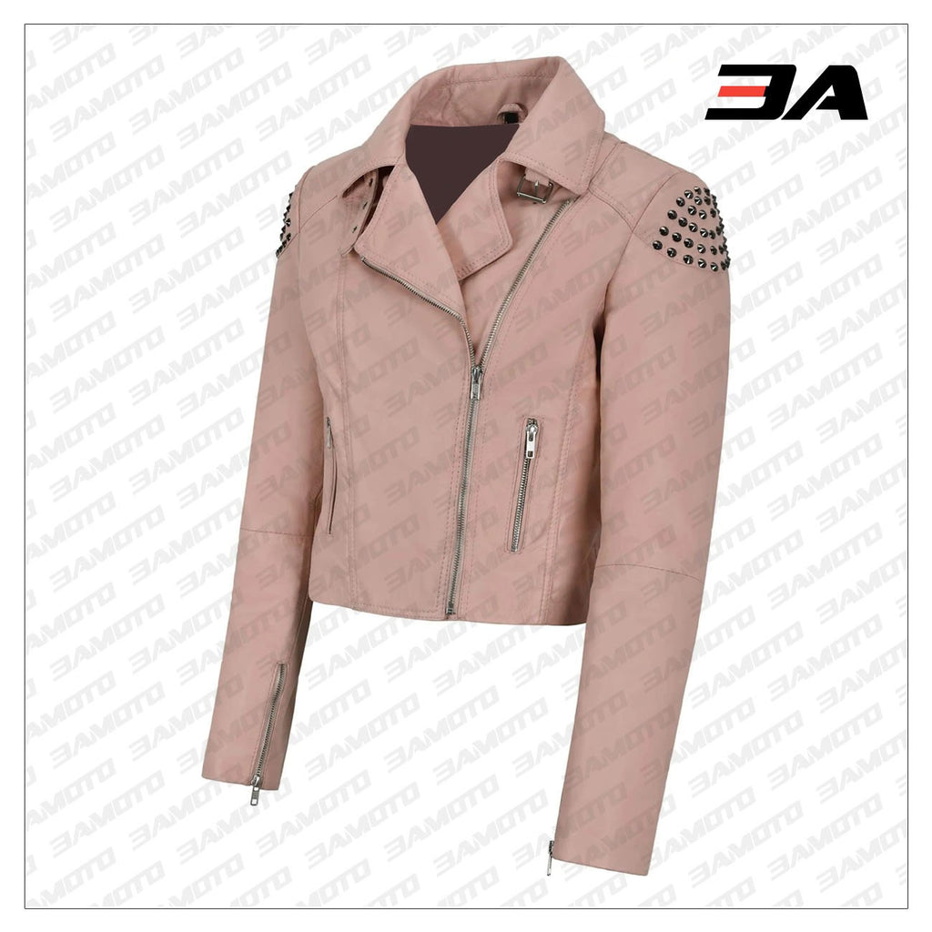Pink Back Skull Studded Biker Leather Jacket