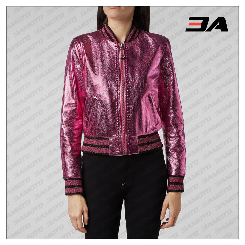 Pink Metallic Bomber Studded Biker Jacket