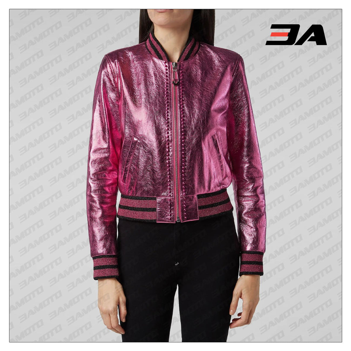 Pink Metallic Bomber Studded Biker Jacket