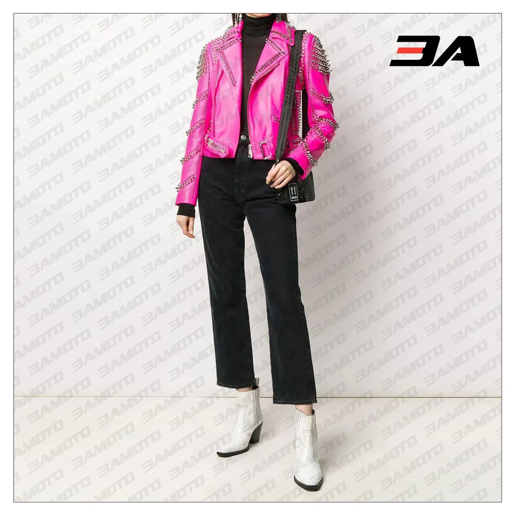 Pink Lambskin Leather Studded Biker Jacket