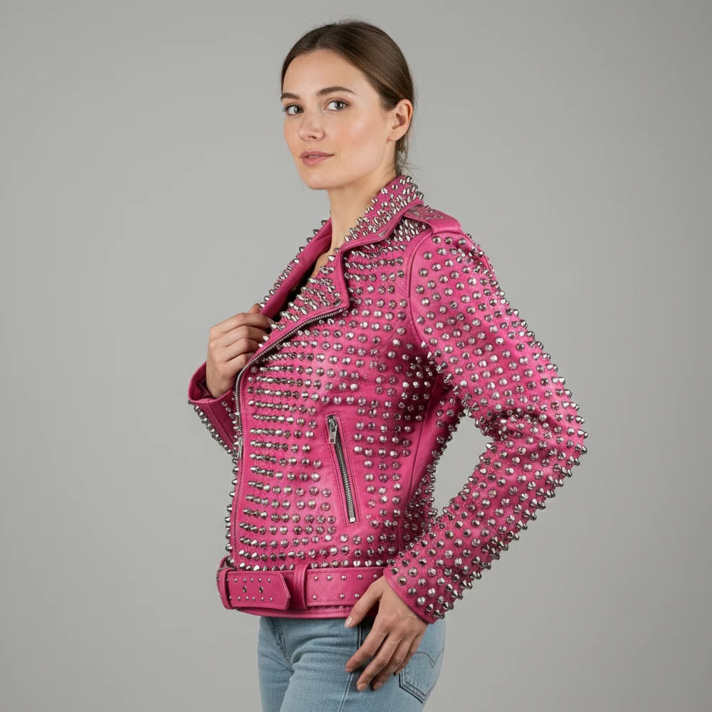 Pink Studded Biker Leather Jacket for Women