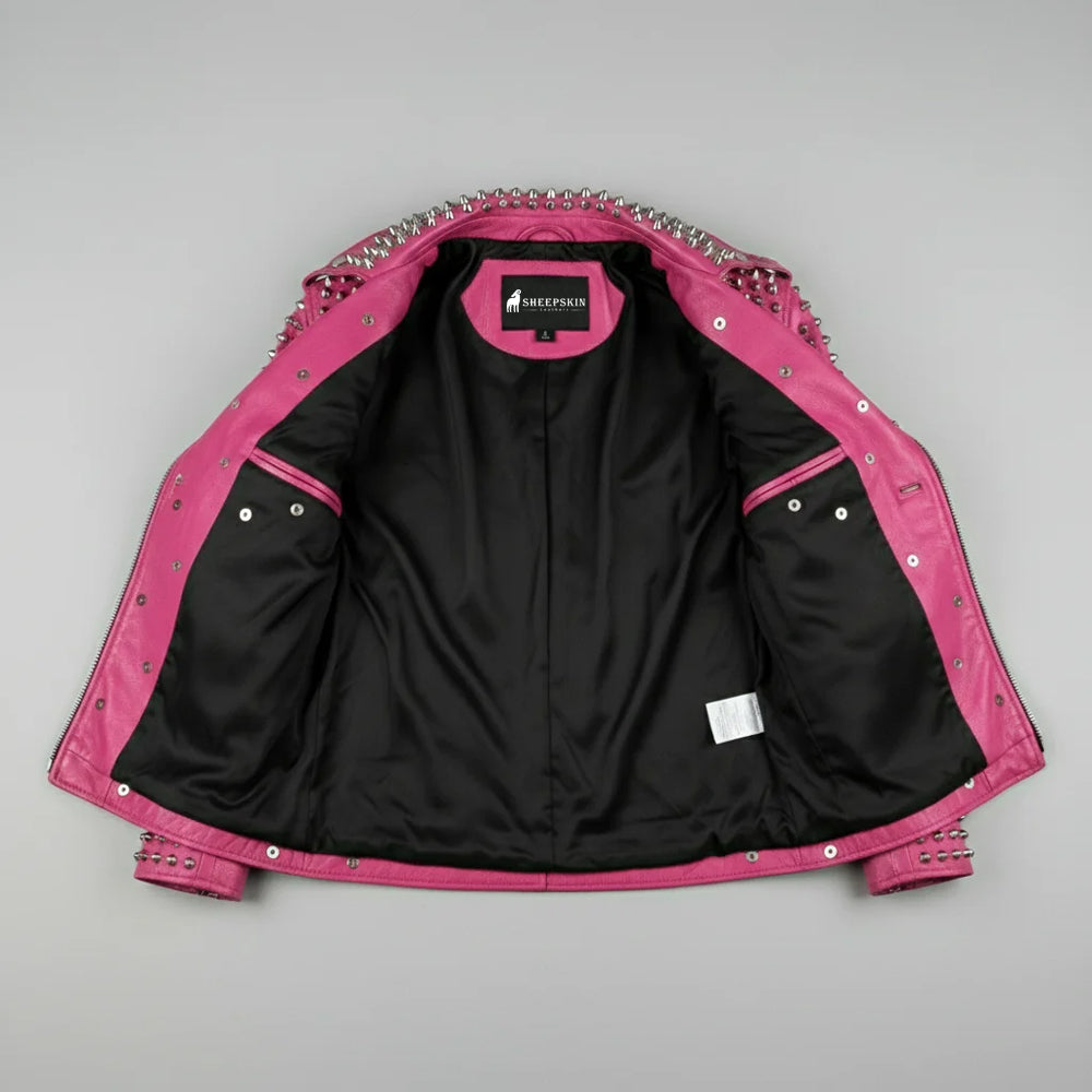 Pink Studded Biker Leather Jacket for Women