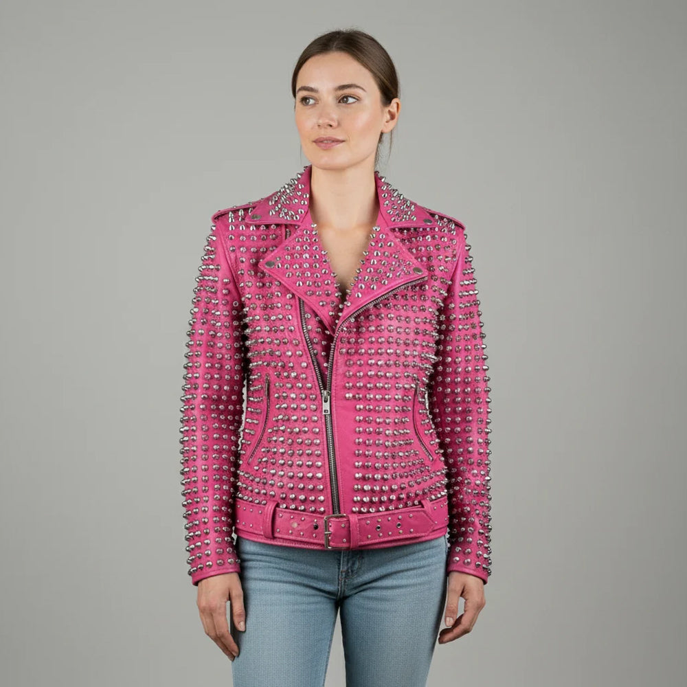 Pink Studded Biker Leather Jacket for Women