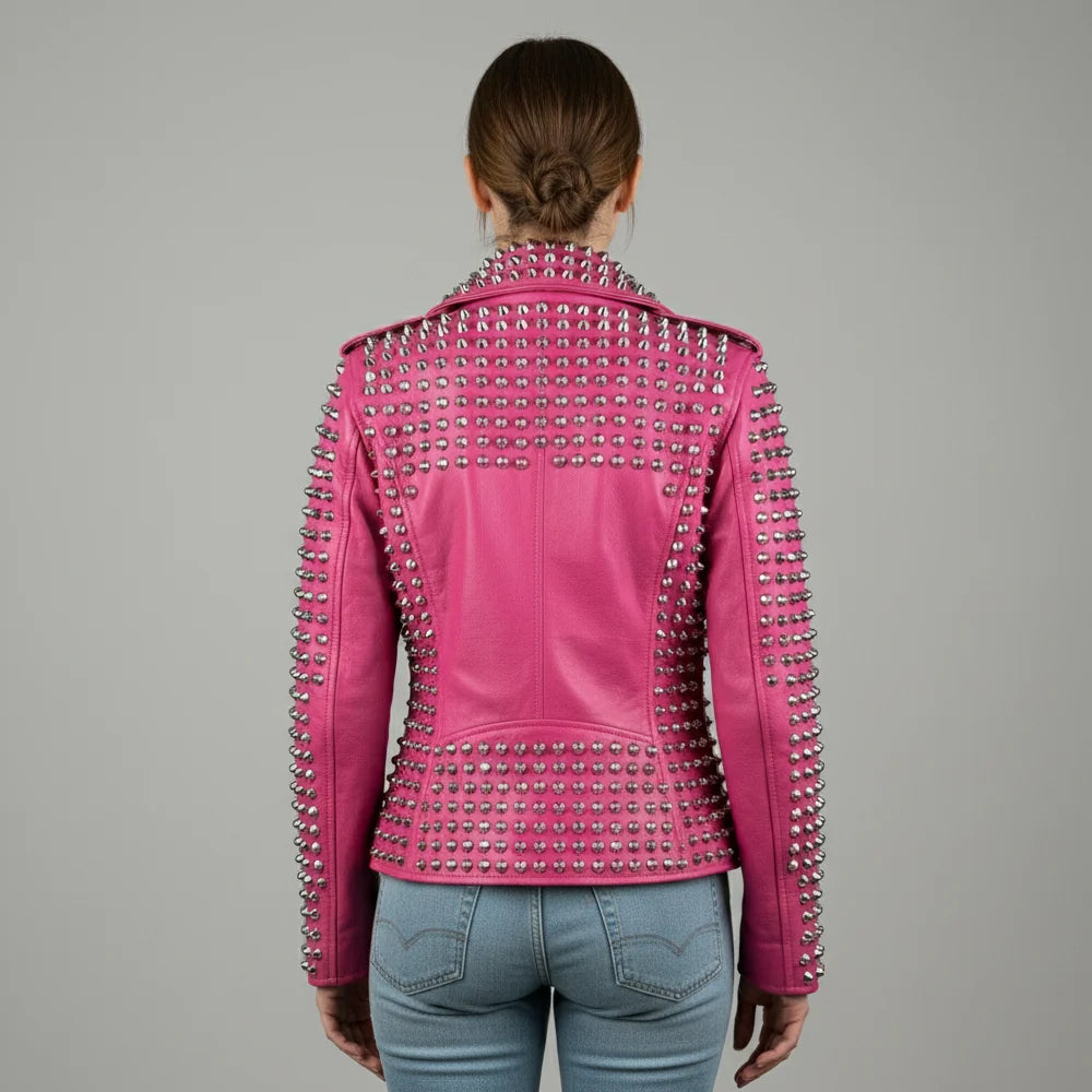 Pink Studded Biker Leather Jacket for Women