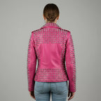 Pink Studded Biker Leather Jacket for Women