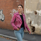 Pink Studded Biker Leather Jacket for Women