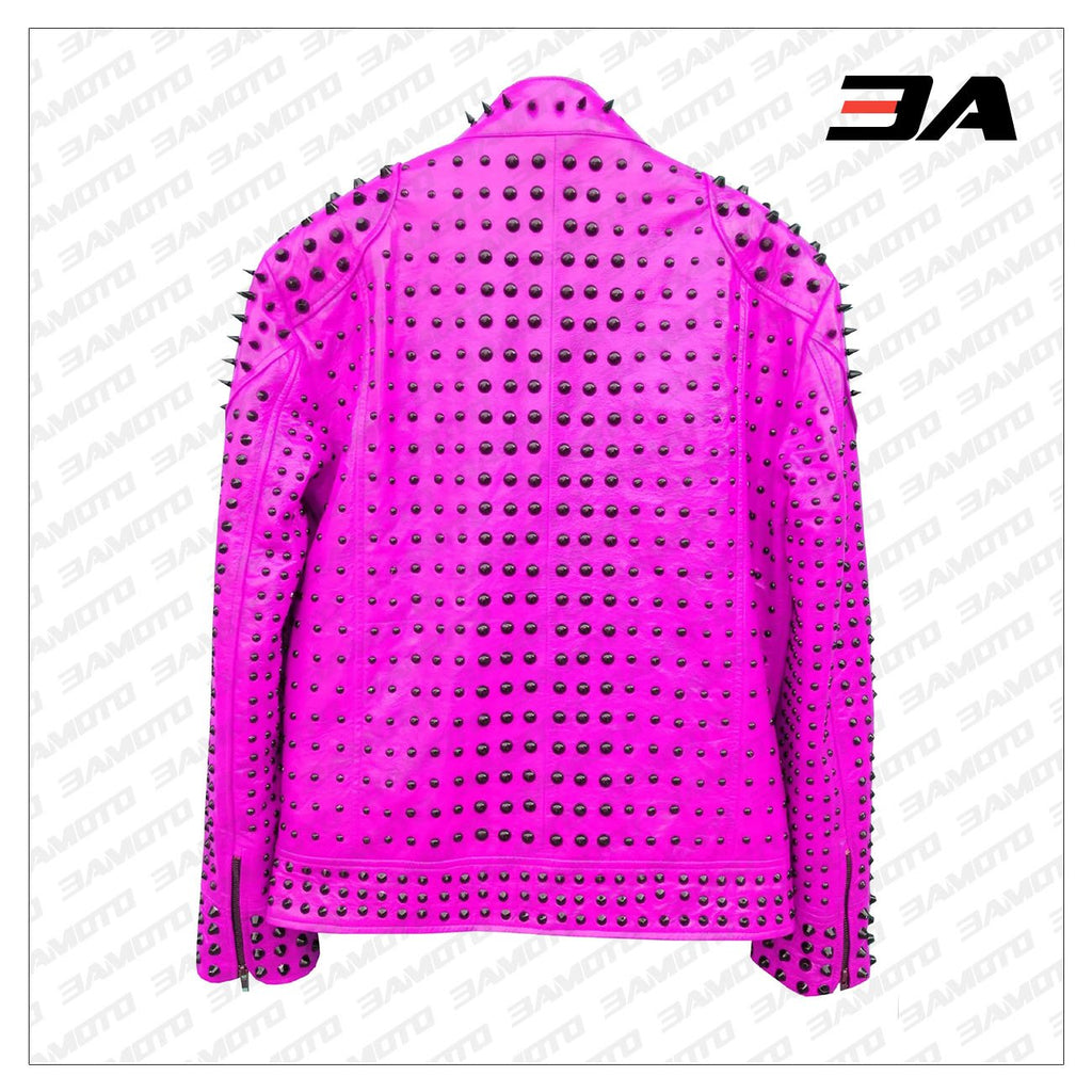 Pink Vintage Studded Punk Leather Biker Jacket