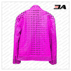 Pink Vintage Studded Punk Leather Biker Jacket