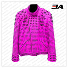 Pink Vintage Studded Punk Leather Biker Jacket