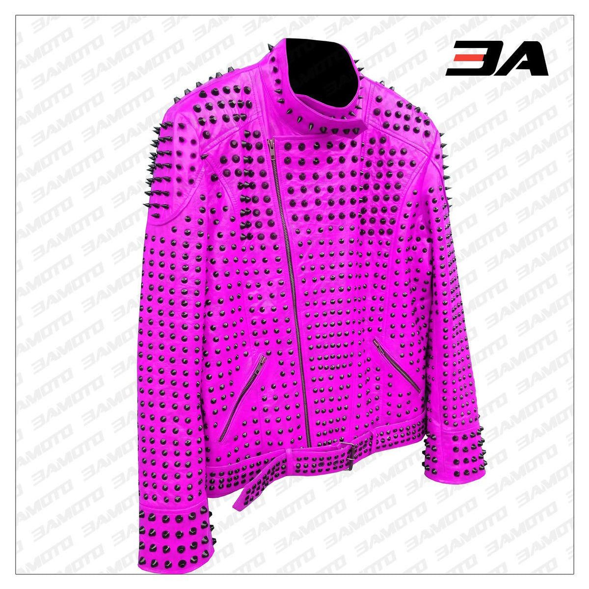 Pink Vintage Studded Punk Leather Biker Jacket