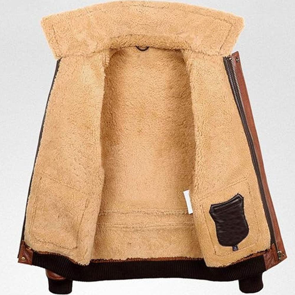 Men's Cognac Shearling Ribbed Aviator Leather Bomber Jacket