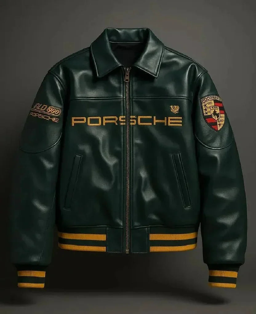 Porsche Green Leather Racing Jacket for Men | XOVRA