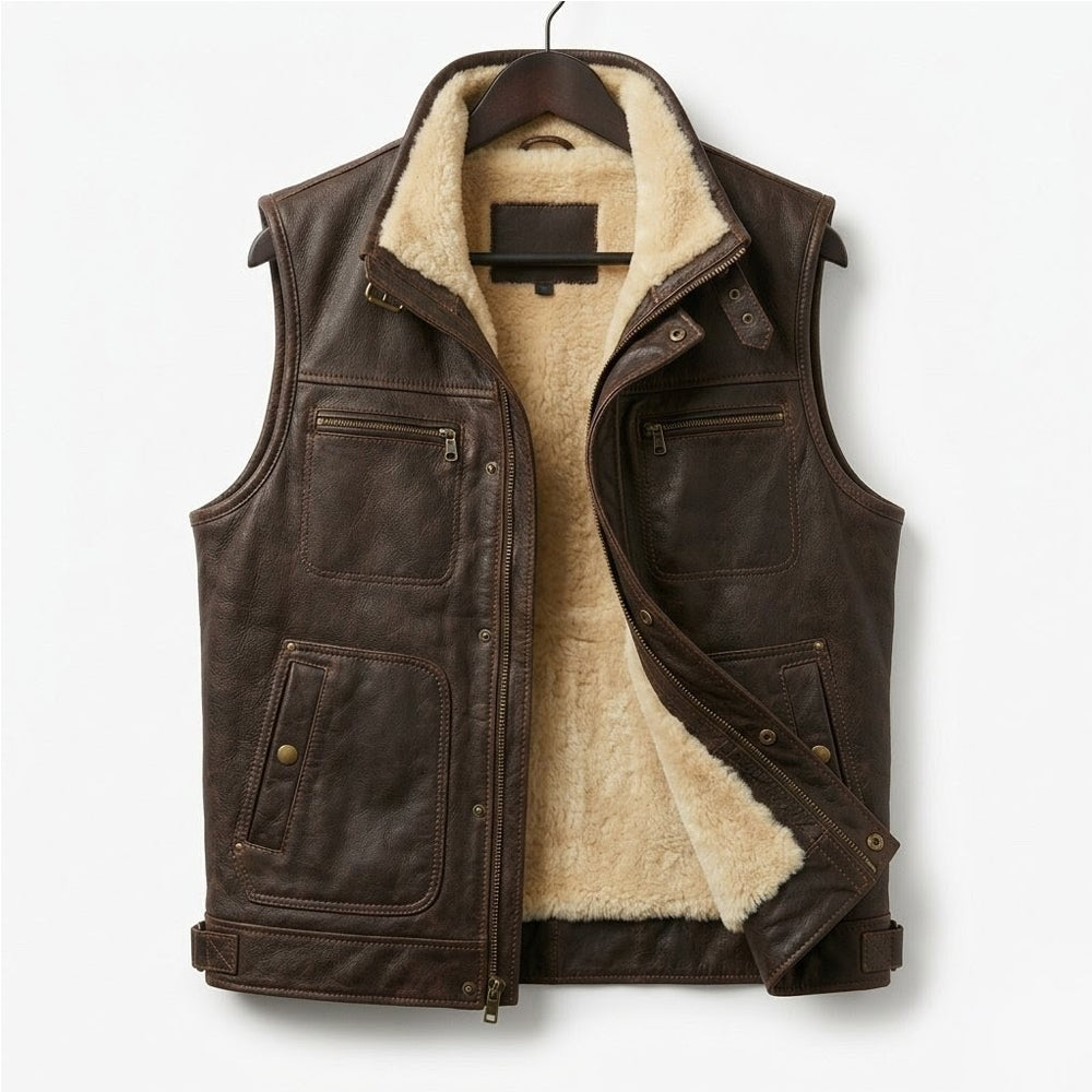 Men Premium Genuine Shearling Leather Vest - B3 Aviator Biker Style
