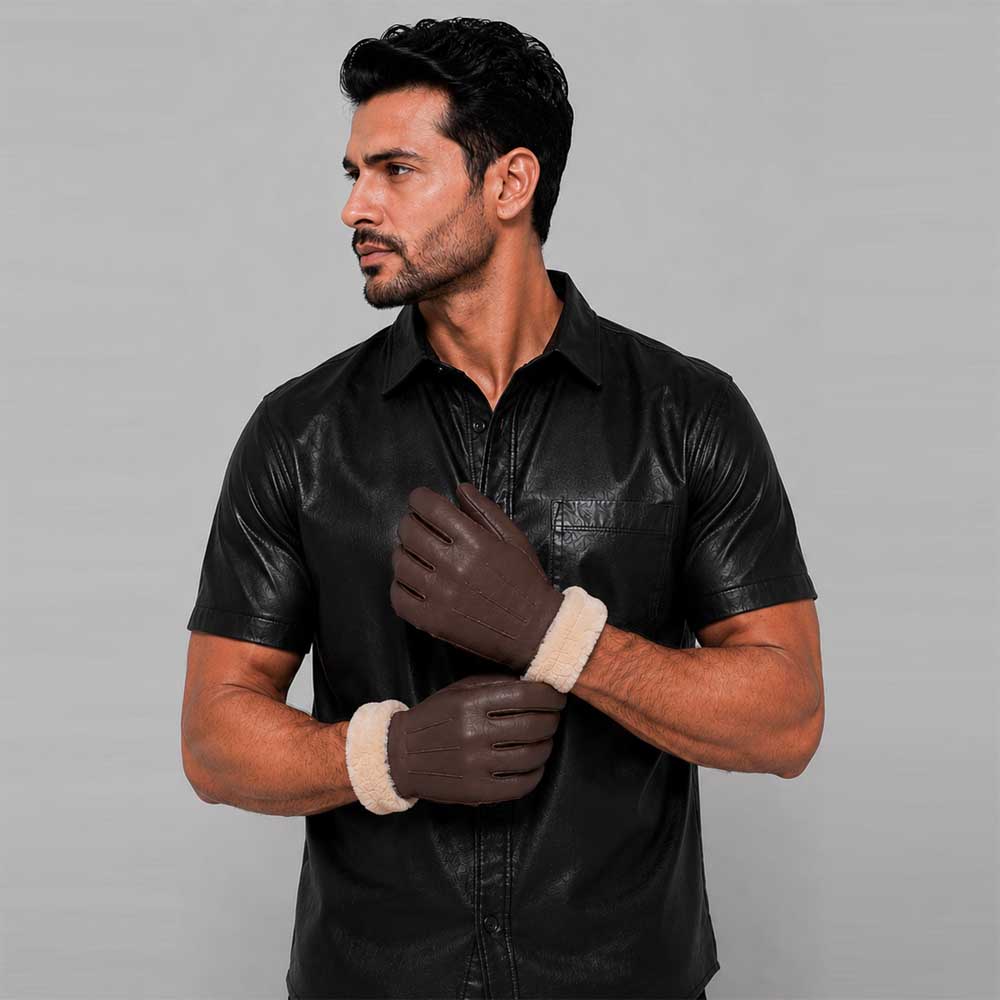 Premium Dark Brown Leather Fur Lined Winter Glove