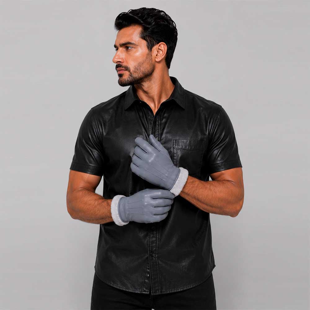 Premium Grey Leather Fur Lined Winter Glove