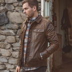 Men's Distressed Trucker Leather Jacket in Dark Brown