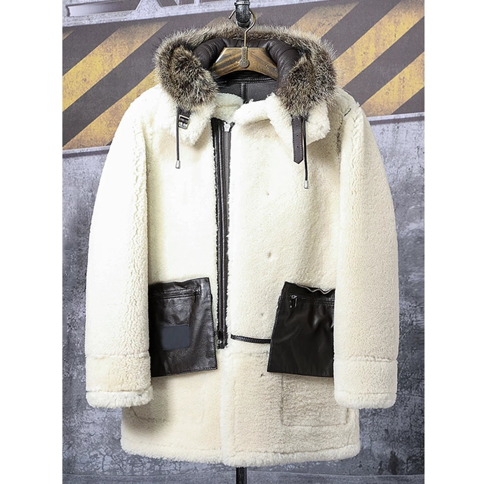 Men's Dark Brown Double-Sided Shearling Fur Leather Coat with Removable Hood
