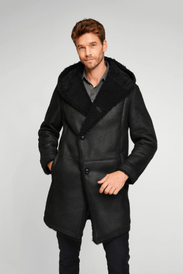 Men's Black Hooded Shearling Leather Coat - Warm & Stylish