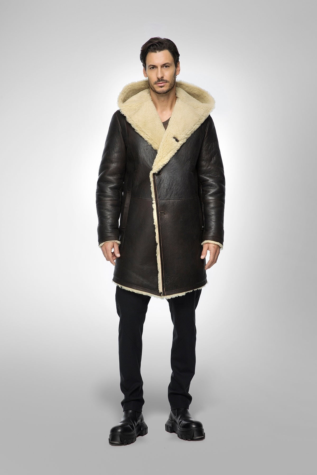 Men's Black Hooded Sheepskin Shearling Leather Coat - Luxurious & Warm
