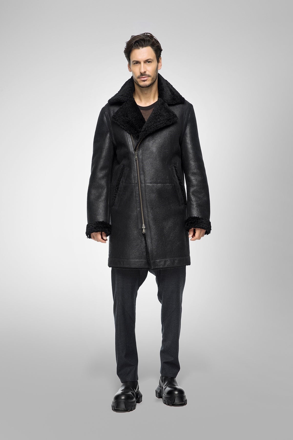 Men's Black Shearling B7 Bomber Leather Coat - Rugged & Warm