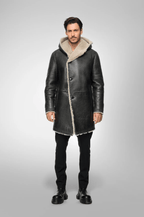 Men's Black Shearling Fur Leather Coat with Hood - Luxurious & Warm