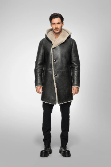 Men's Black Shearling Fur Leather Coat with Hood - Luxurious & Warm