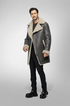 Men's Gray Shearling Leather Coat - Elegant & Warm