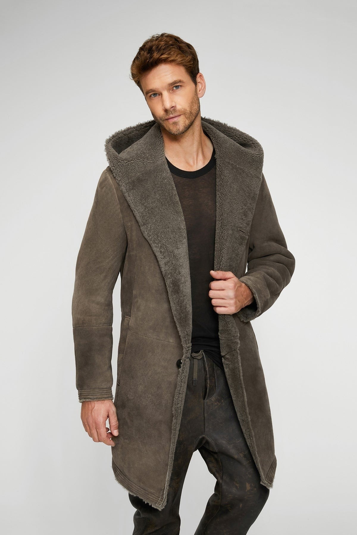 Men's Gray Sheepskin Leather Coat with Hood - Stylish & Warm
