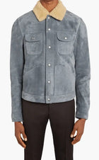 Men's Sky Blue Suede Trucker Shearling Leather Jacket Stylish & Cozy Outerwear