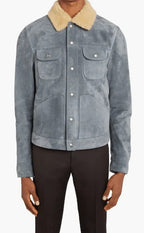Men's Sky Blue Suede Trucker Shearling Leather Jacket Stylish & Cozy Outerwear