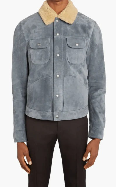 Men's Sky Blue Suede Trucker Shearling Leather Jacket Stylish & Cozy Outerwear