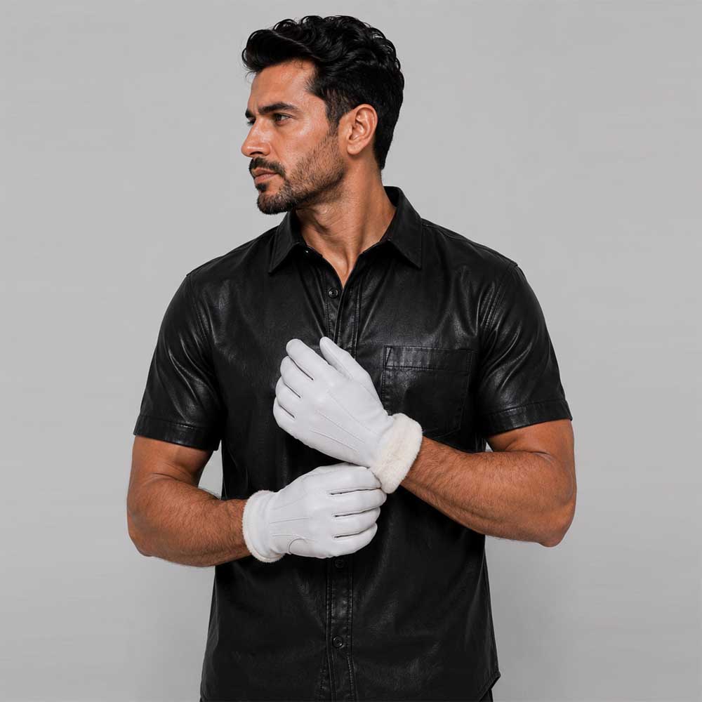 Premium White Leather Fur Lined Winter Glove